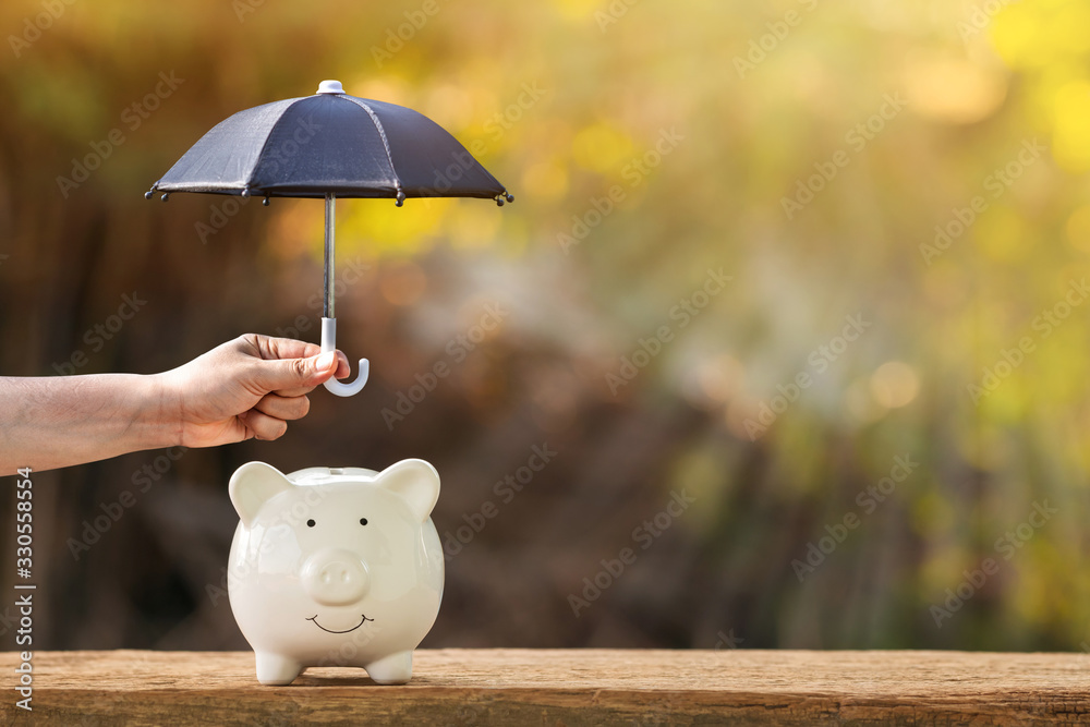 Piggy bank and woman hand hold the black umbrella for protect on sunlight in the public park, to prevent for asset and saving money for buy health insurance concept. - obrazy, fototapety, plakaty 