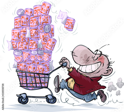 Cartoon man character who was buying a lot of toilet paper. On separated layers.. (ID: 330558738)