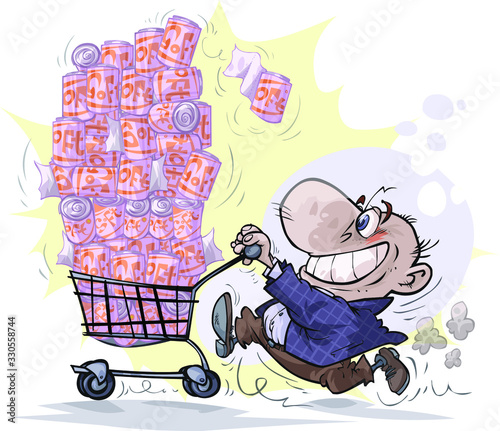Cartoon man character who was buying a lot of toilet paper. On separated layers.. (ID: 330558744)