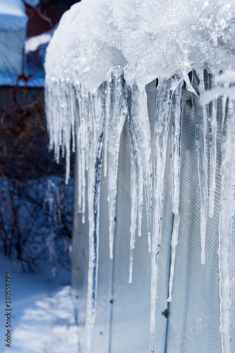 The icicles are melting. Spring thaw. Warm winter . Icicles close up. Close up of a large wavy icicle with more melting icicles beside it and a soft winter background. © Elena