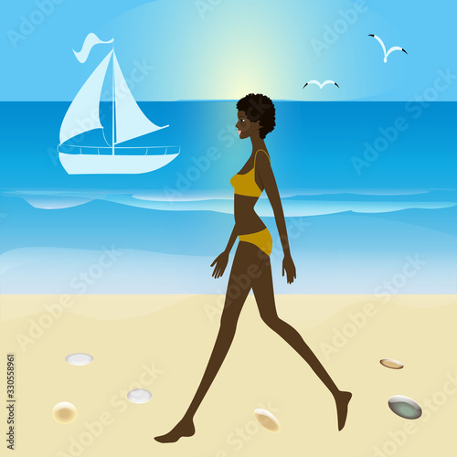 African girl in a swimsuit on the sandy seashore - yacht  waves - vector. Banner. Tourism  travel.