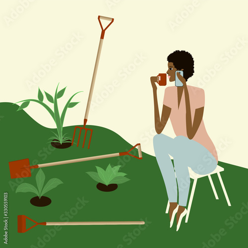 Planting seedlings in the soil. Work break - African woman sitting in a chair, talking on the phone - vector. Spring. Garden work.