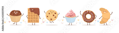Photo Set of cute pastry characters in trendy Kawaii style