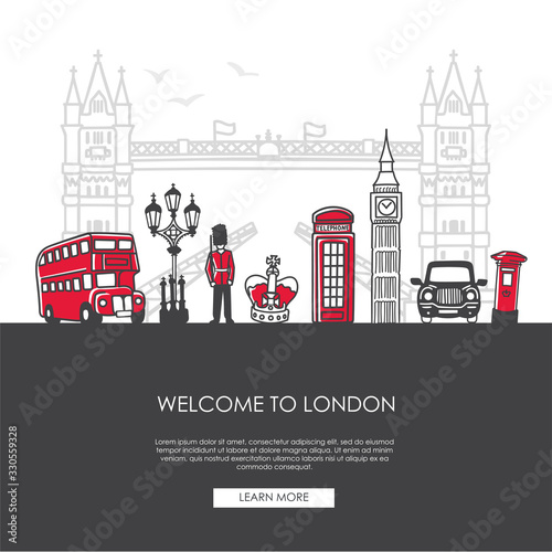Welcome to London. Modern vector illustration of famous symbols of the British capital. Tower bridge, telephone box, double decker bus. Travel to the United Kingdom web banner and landing page design.