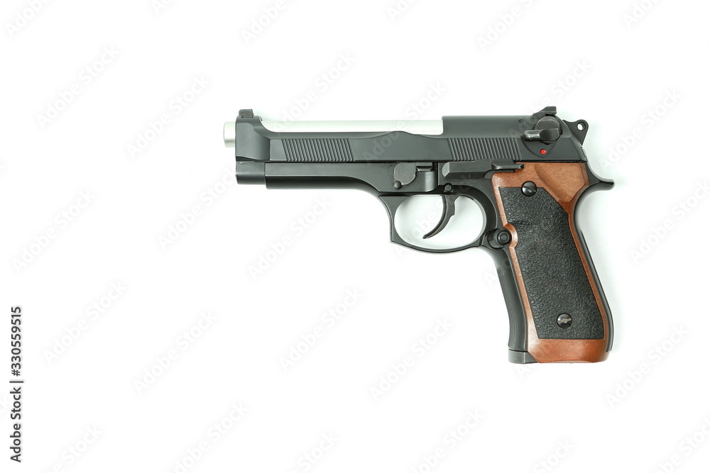 black hand gun close up on white background