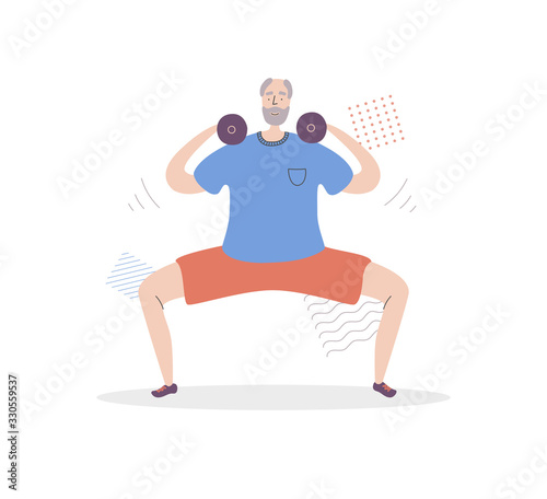 Flat vector illustration Senior Fitness. Smiling grandfather lifting weights and doing Sumo squat. Active lifestyle for elder people. Home and gym workout with dumbbells for adult men. 