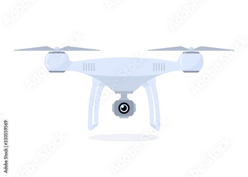 Drone with action camera. Quadcopter isolated on white background. Vector flat illustration.