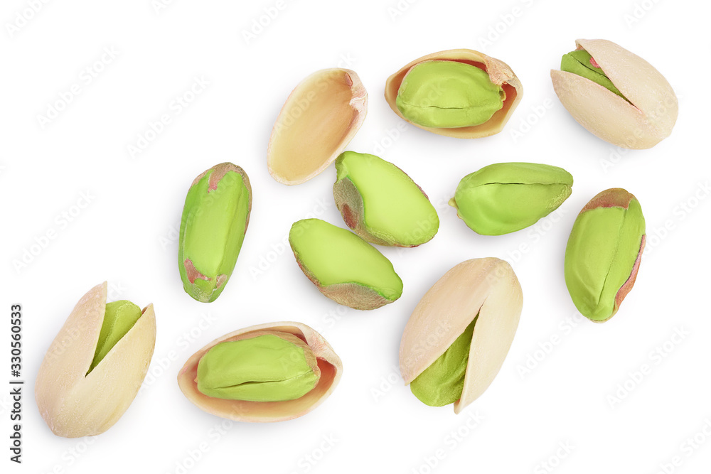 pistachio isolated on white background with clipping path and full depth of field. Top view. Flat lay pistachio isolated on white background with clipping path and full depth of field. Top view. Flat lay