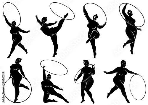 Collection. Gymnastics. Silhouette of a girl with a hoop. The woman is overweight, a large body. The girl is full figured. Vector illustration set.