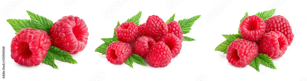 Ripe raspberries with leaf isolated on a white background, Set or collection Ripe raspberries with leaf isolated on a white background, Set or collection