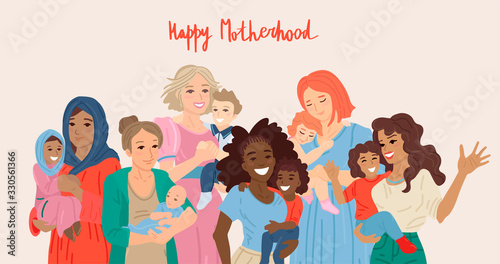 Happy motherhood. Various group of moms carrying their babies. Vector illustration