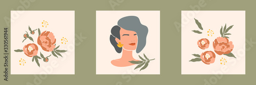 set of woman's face and pions minimalist art. Vector floral elements