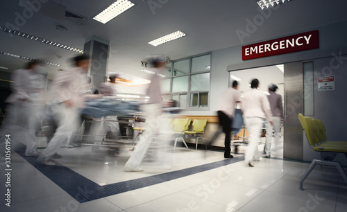 A motion blurred photograph of a patient on stretcher or gurney being pushed at speed through a hospital corridor.New corona virus (novel Coronavirus 2019 disease,COVID-19,nCoV).