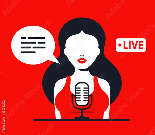 Girl Records A Podcast. work on the radio. Flat character vector illustration.
