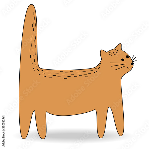 Cute ginger cat. The pet is standing. The animal is standing and watching. Cartoon image. Vector illustration.