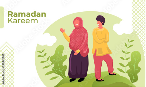 A happy couple welcomes the month of Ramadan Kareem. in a beautiful garden. flat design style. vector illustration people.