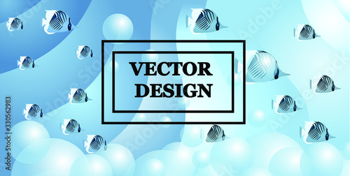 Vector background image of stylized water and air bubbles. Floating aquarium fish.
