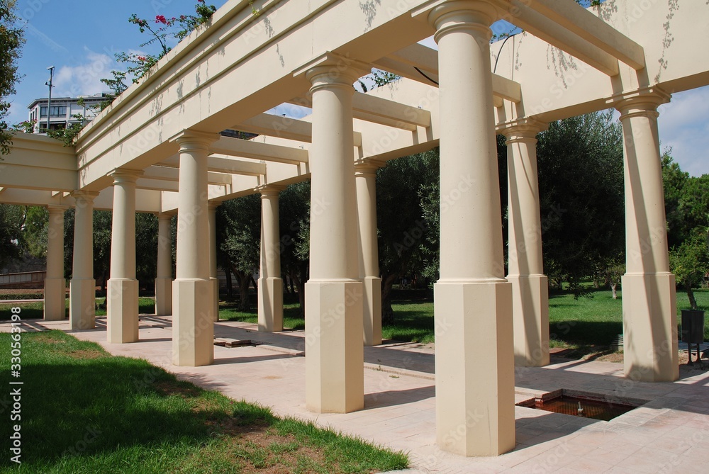 A decorative colonnade at the Turia river park in Valencia, Spain. The 9 km park was created when the river was diverted to prevent flooding 