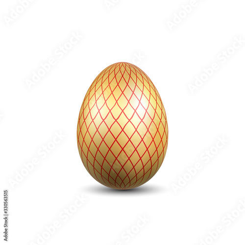Easter egg 3D icon. Red gold egg  isolated white background. Bright realistic design  decoration for Happy Easter celebration. Holiday element. Shiny pattern. Spring symbol. Vector illustration