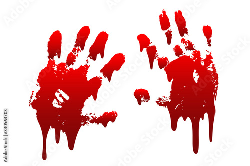 Bloody hand print 3D set isolated white background. Horror scary drip blood dirty handprint, fingerprint. Red palm, fingers, stain splatter, streams. Symbol horror murder violence. Vector illustration