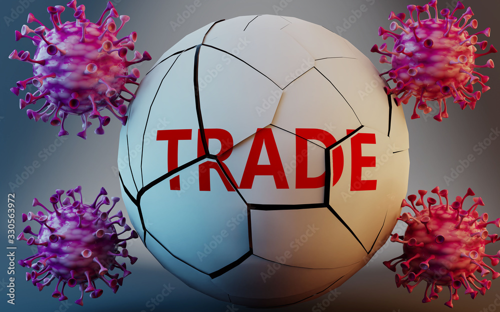 Fototapeta premium Coronavirus and trade, symbolized by viruses destroying word trade to picture that Covid-19 pandemic affects trade in a very negative way, 3d illustration