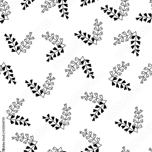 Simple twigs with leaves. Seamless vector pattern. Black and white.Outlines and silhouettes. Hand-drawn Botanical backgrounds for fabric, paper , and other surfaces.