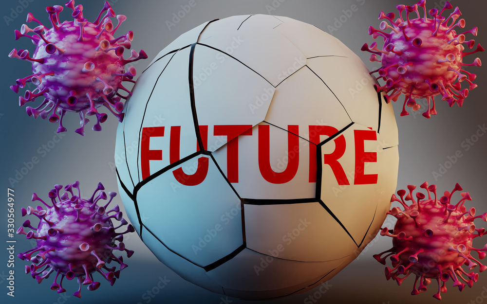 Fototapeta premium Coronavirus and future, symbolized by viruses destroying word future to picture that Covid-19 pandemic affects future in a very negative way, 3d illustration