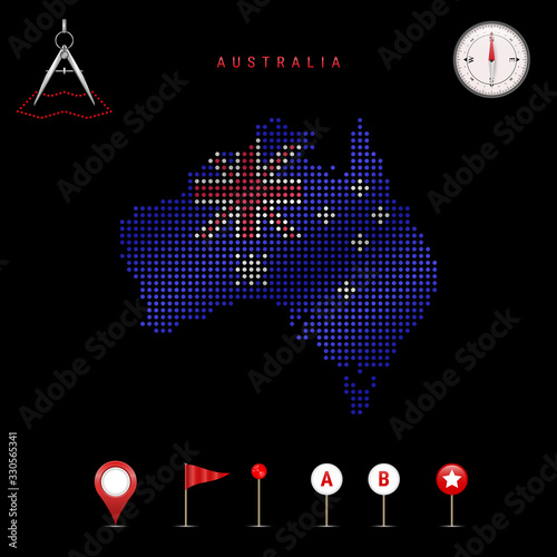 Dotted vector map of Australia painted in the national flag colors. Waving flag effect. Map tools icon set