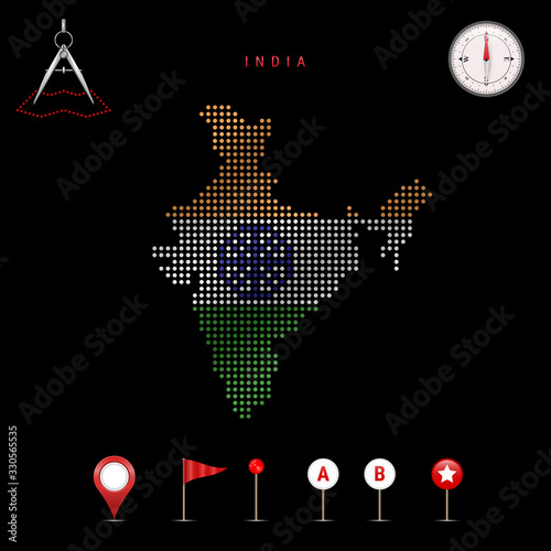 Dotted vector map of India painted in the national flag colors. Waving flag effect. Map tools icon set