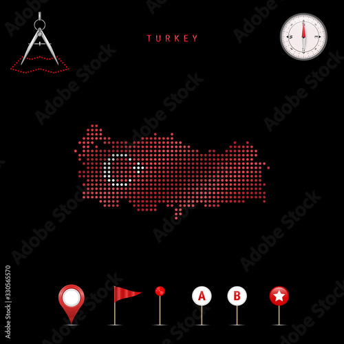 Dotted vector map of Turkey painted in the national flag colors. Waving flag effect. Map tools icon set