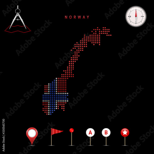 Dotted vector map of Norway painted in the national flag colors. Waving flag effect. Map tools icon set