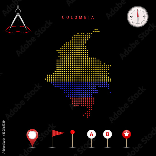 Dotted vector map of Colombia painted in the national flag colors. Waving flag effect. Map tools icon set