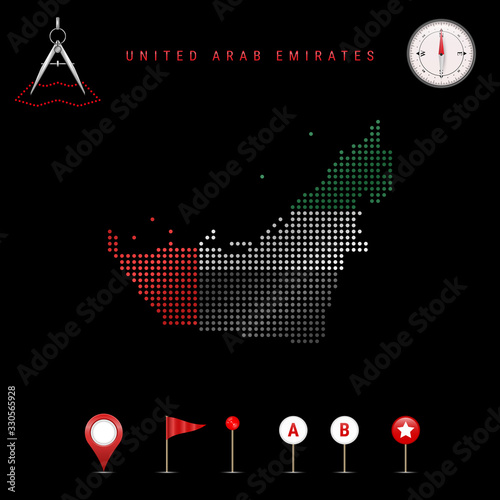 Dotted vector map of United Arab Emirates painted in the national flag colors. Waving flag effect. Map tools icon set