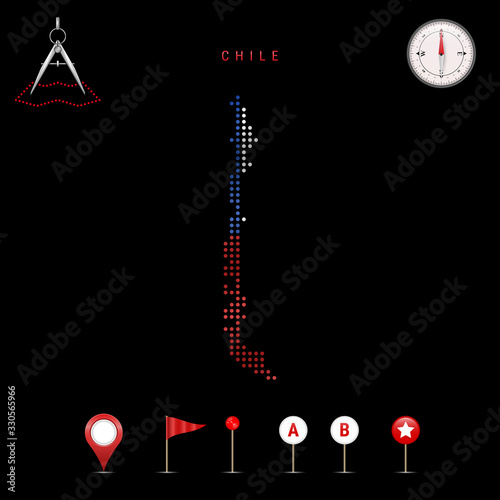 Dotted vector map of Chile painted in the national flag colors. Waving flag effect. Map tools icon set