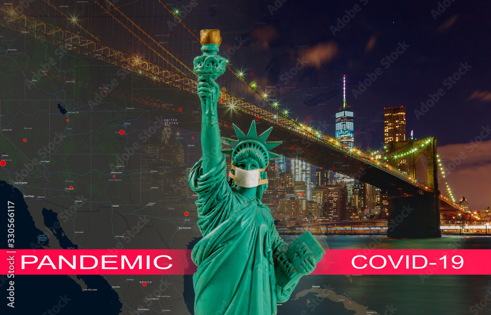 Obraz premium Coronavirus epidemic COVID-19 on Brooklyn bridge at dusk, New York City with statue of liberty