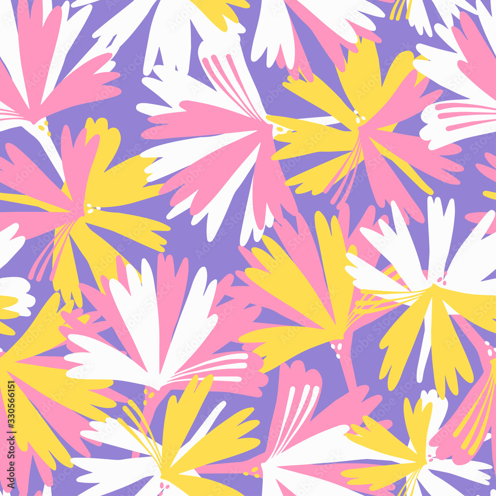 Modern seamless vector botanical pattern with seasonal spring flowers chicory or cornflower in purple tones. Can be used for printing on paper, stickers, badges, bijouterie, cards, textiles. 