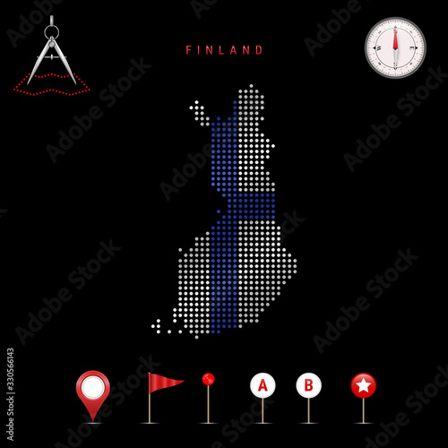 Dotted vector map of Finland painted in the national flag colors. Waving flag effect. Map tools icon set