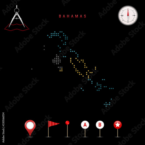 Dotted vector map of Bahamas painted in the national flag colors. Waving flag effect. Map tools icon set
