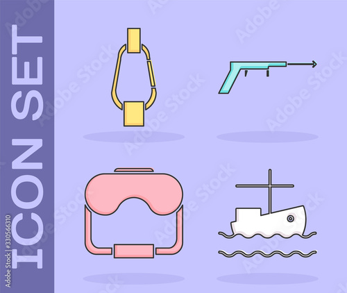Set Fishing boat on water, Carabiner, Diving mask and Fishing harpoon icon. Vector