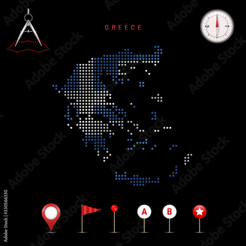 Dotted vector map of Greece painted in the national flag colors. Waving flag effect. Map tools icon set