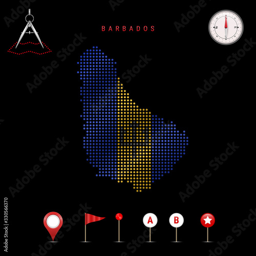 Dotted vector map of Barbados painted in the national flag colors. Waving flag effect. Map tools icon set