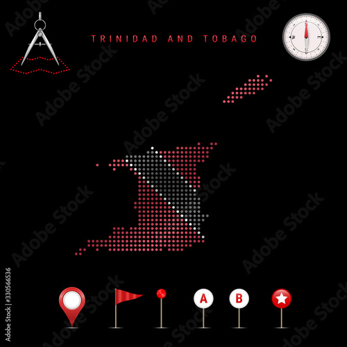 Dotted vector map of Trinidad and Tobago painted in the national flag colors. Waving flag effect. Map tools icon set