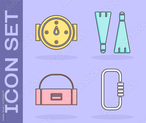 Set Carabiner, Wind rose, Case or box container for wobbler and Rubber flippers for swimming icon. Vector