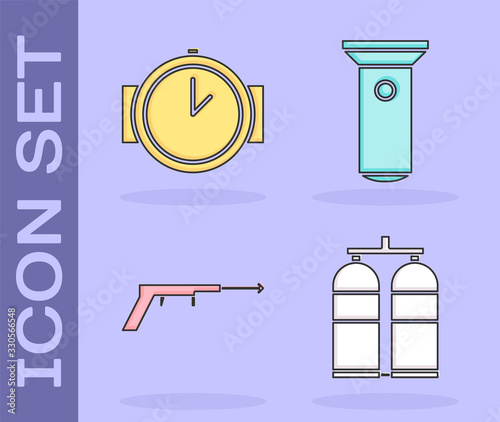 Set Aqualung, Diving watch, Fishing harpoon and Flashlight icon. Vector