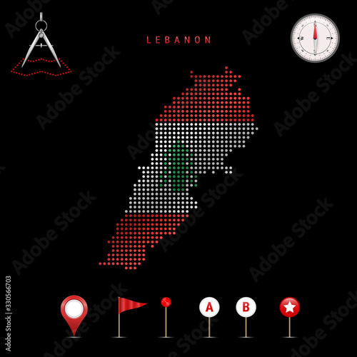 Dotted vector map of Lebanon painted in the national flag colors. Waving flag effect. Map tools icon set