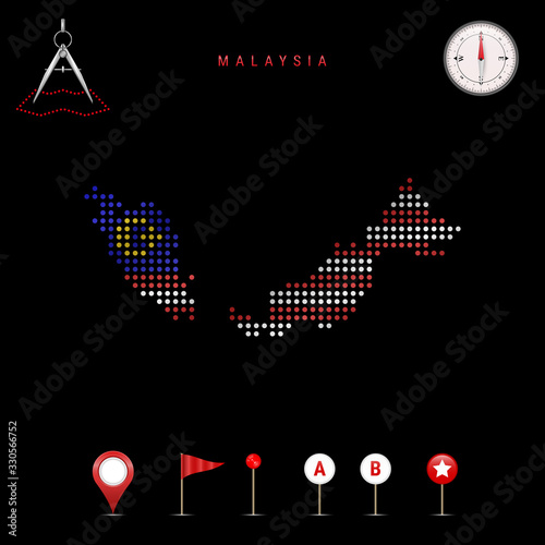 Dotted vector map of Malaysia painted in the national flag colors. Waving flag effect. Map tools icon set