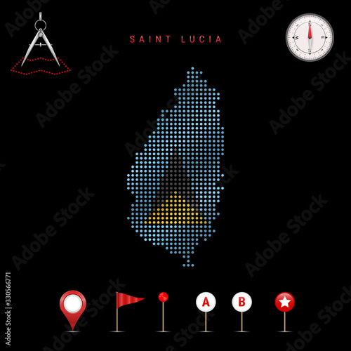 Dotted vector map of Saint Lucia painted in the national flag colors. Waving flag effect. Map tools icon set