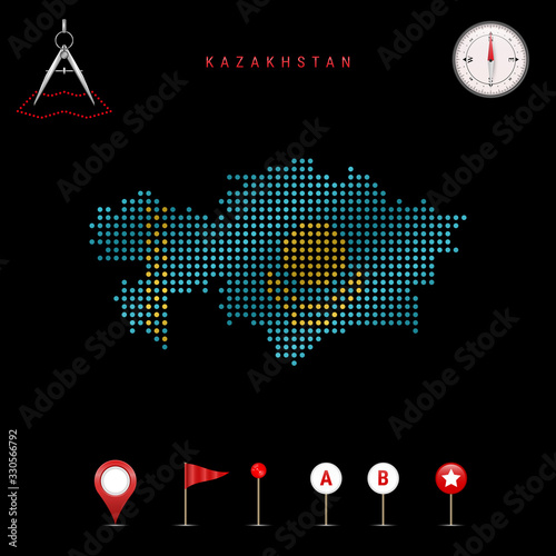Dotted vector map of Kazakhstan painted in the national flag colors. Waving flag effect. Map tools icon set