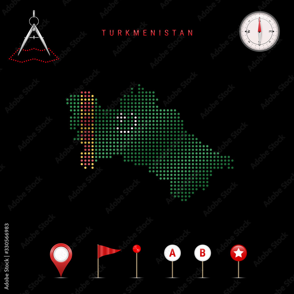 Dotted vector map of Turkmenistan painted in the national flag colors ...