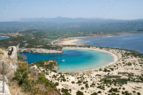 Panoramic view of bay and lagoon Voidokoilia from fortress Palaikastro in Peloponnese,Greece